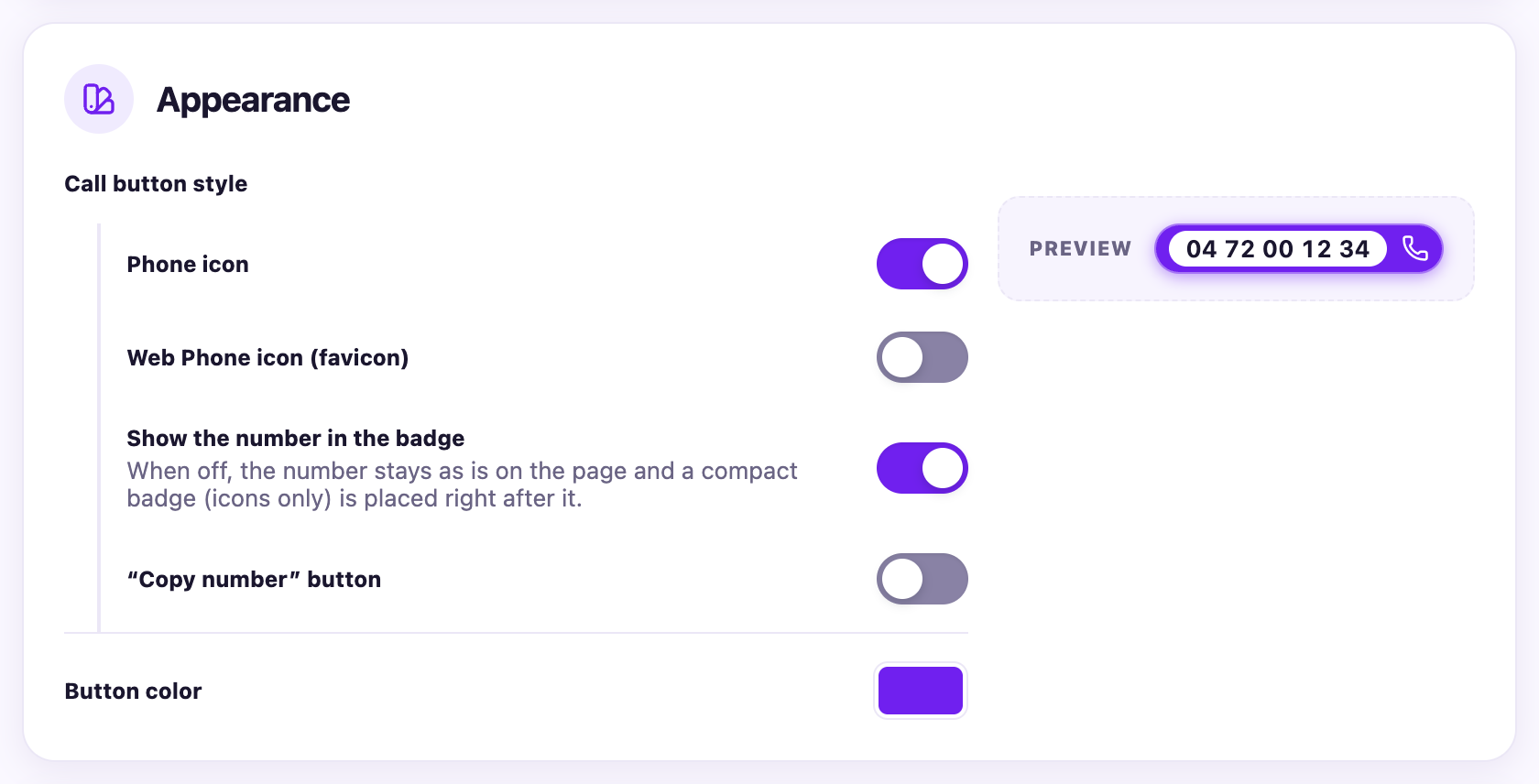 Appearance section: badge composition checkboxes, colour, live preview