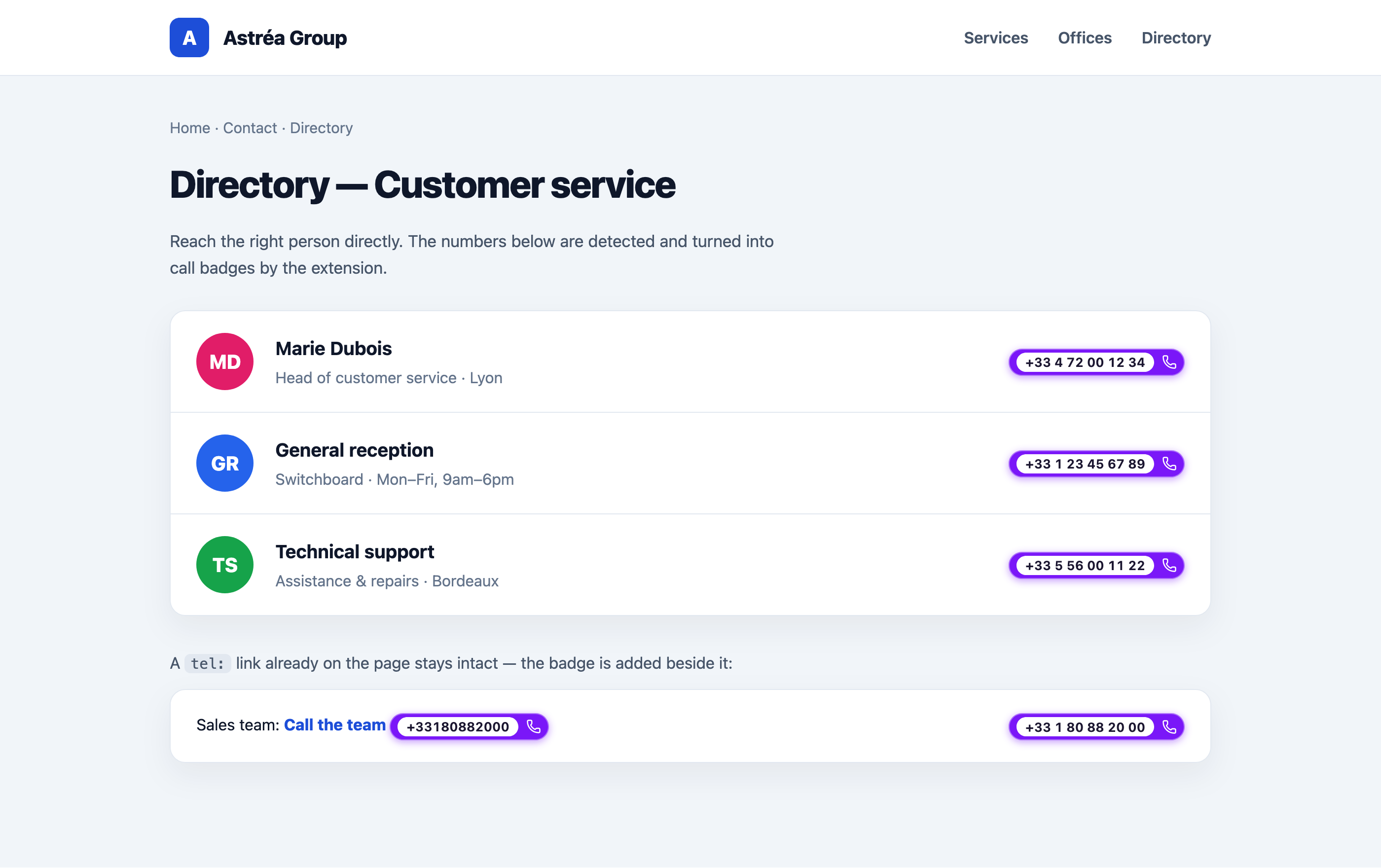 A directory web page where phone numbers are turned into purple call badges