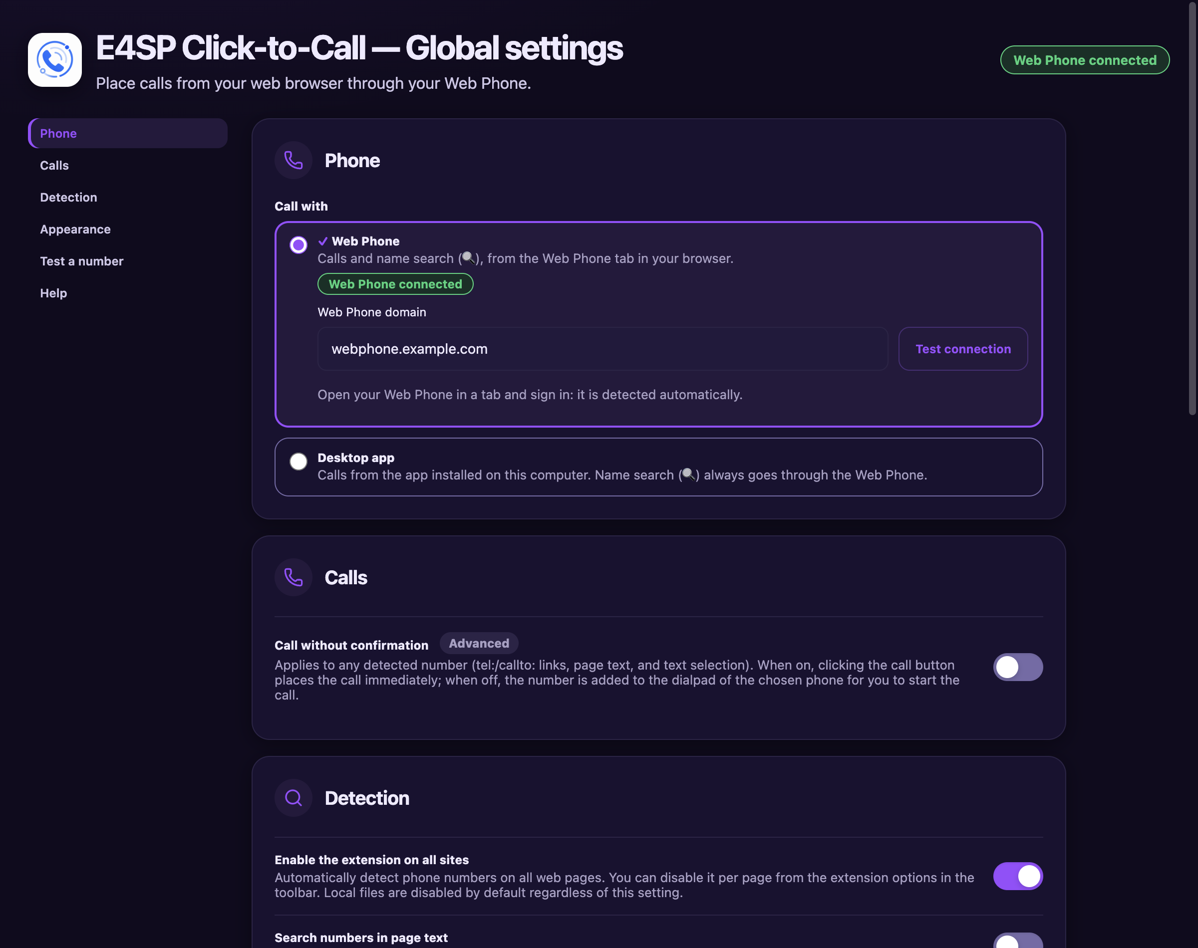 The settings page in purple dark theme