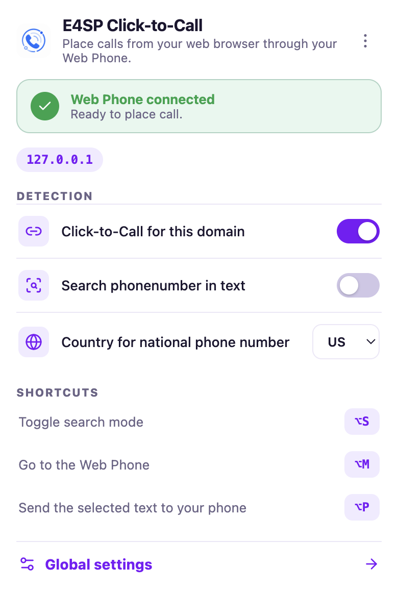 The extension popup: Web Phone status, detection settings for the site, shortcuts