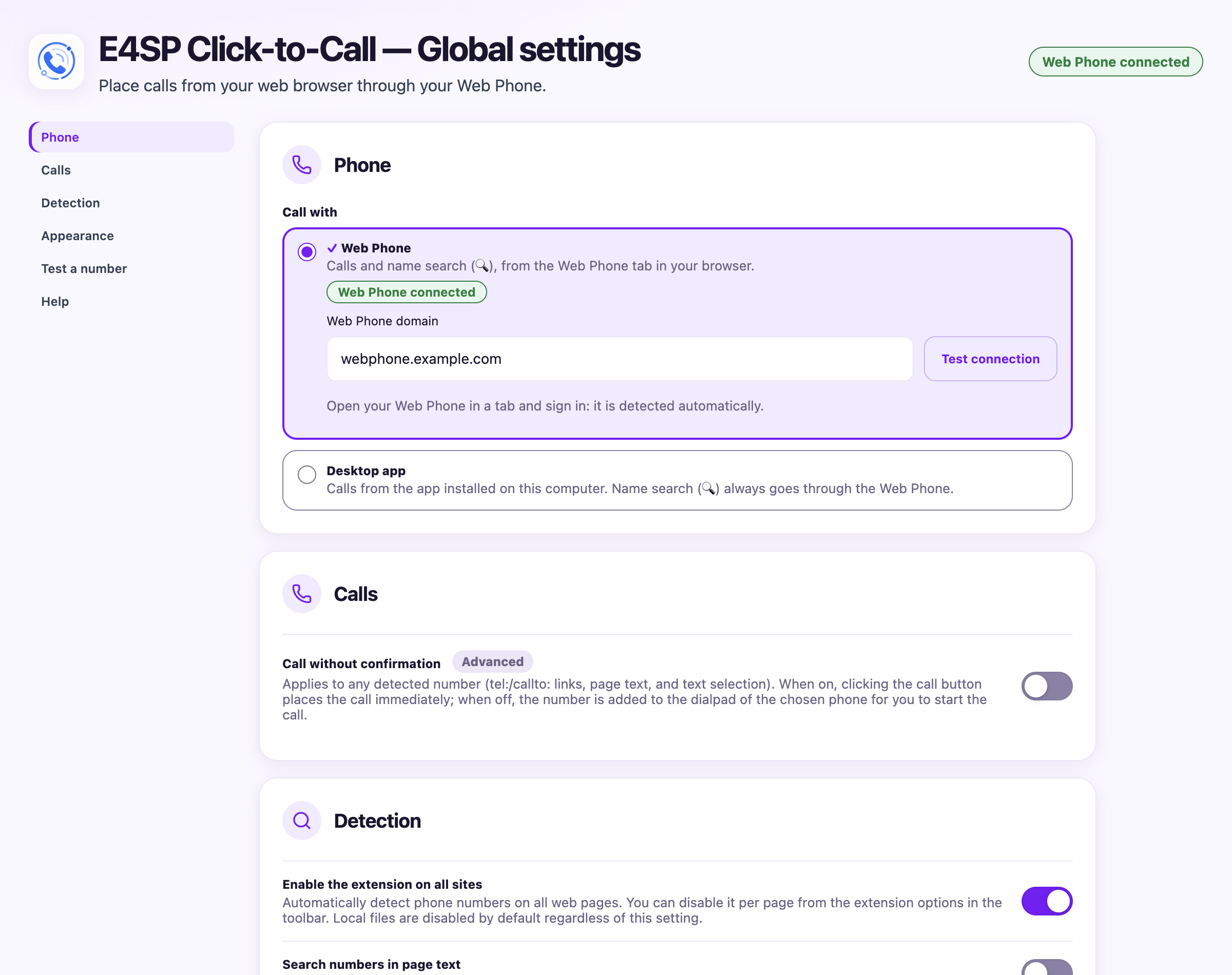 Settings page: menu on the left, Phone section with the choice between Web Phone and desktop app