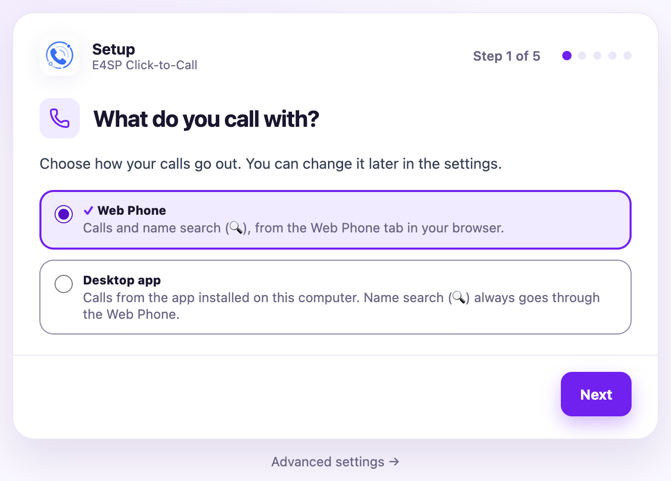 First-run setup assistant: choose between the Web Phone and the desktop app