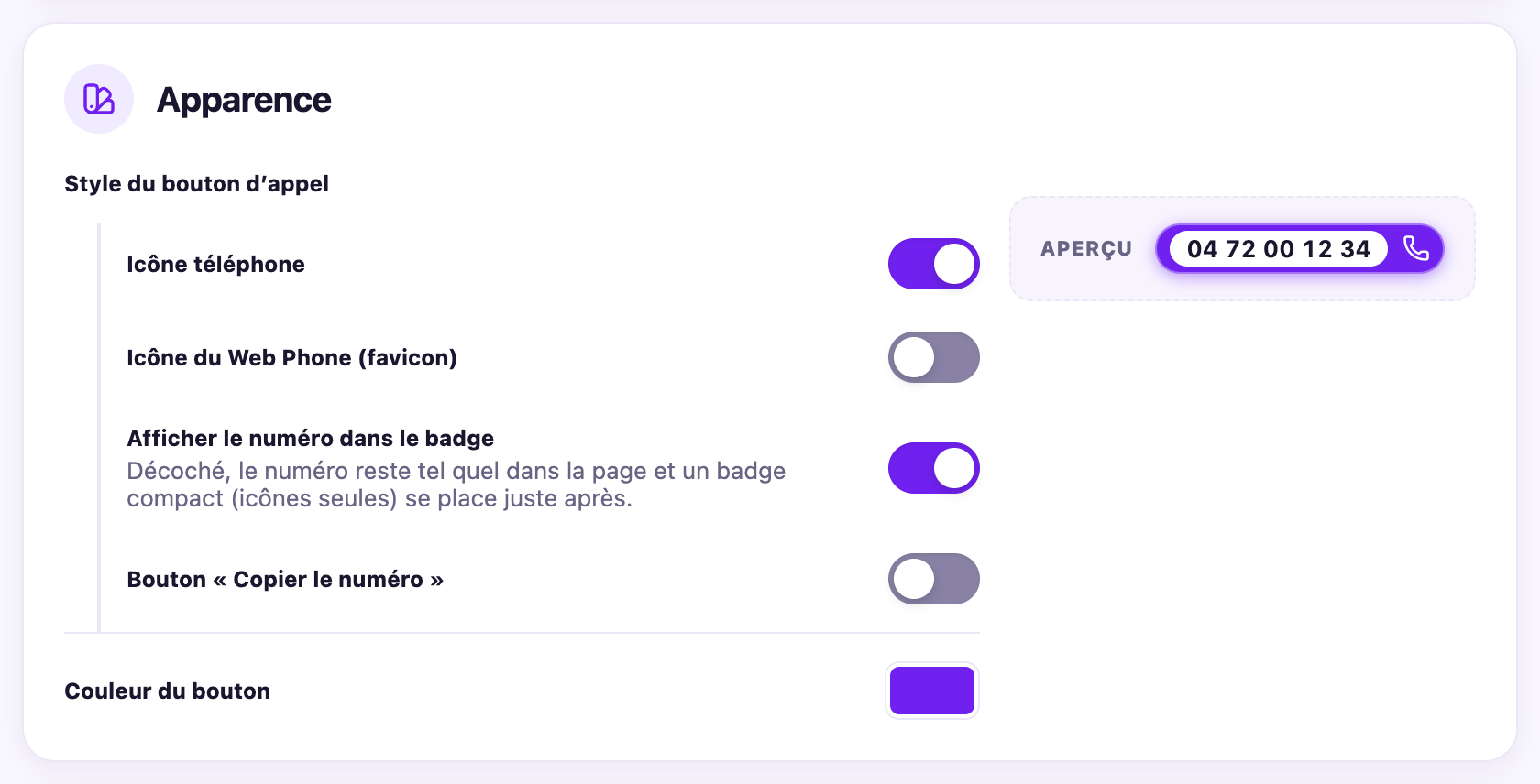 Section Apparence : cases de composition du badge, couleur, aperçu en direct