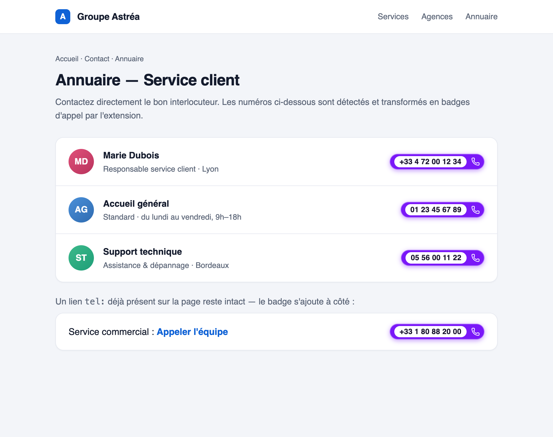 Page web d'annuaire où les numéros de téléphone sont transformés en badges d'appel violets