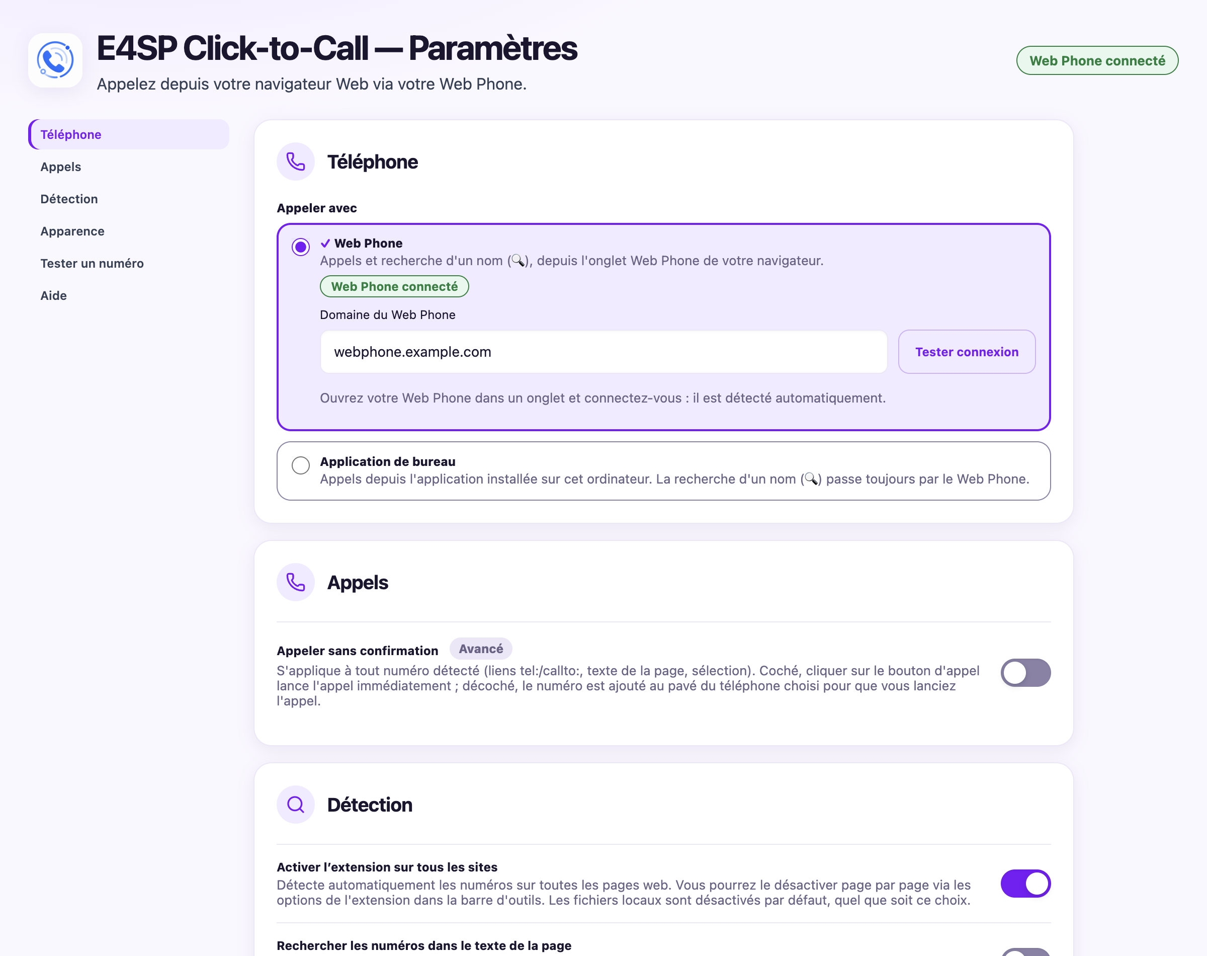 Page de réglages : menu à gauche, section Téléphone avec le choix entre Web Phone et application de bureau